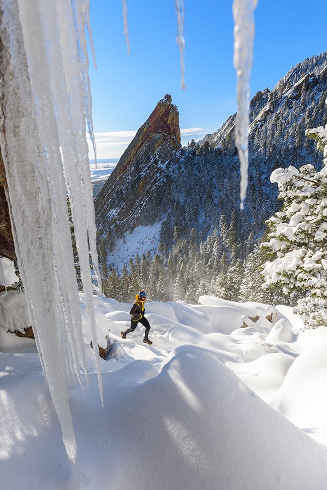 Boulder's iconic Third Flatiron is a popular climb and scramble, but today serves only as a breathtaking backdrop for Anton Krupicka's winter run