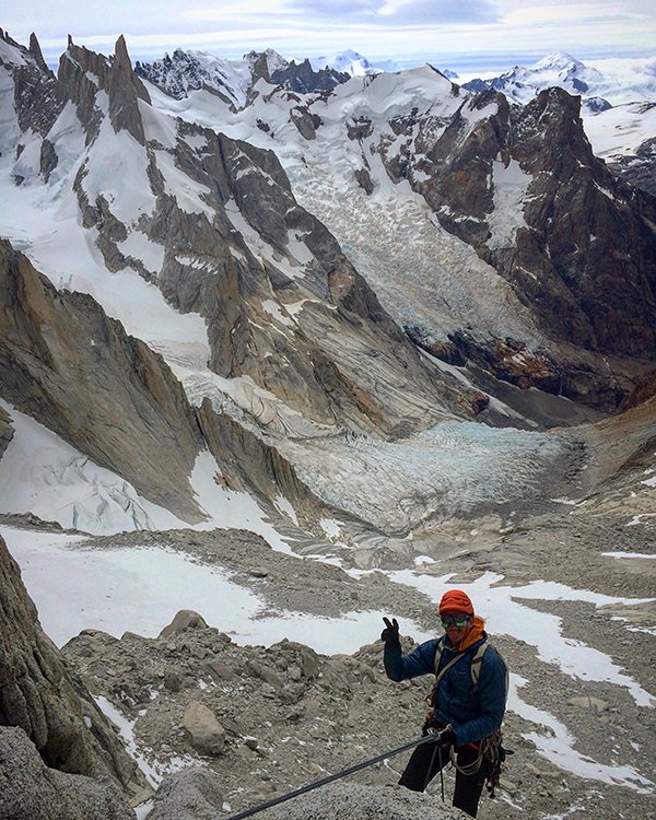 Colin Haley repelling down Guillaumet in Patagonia