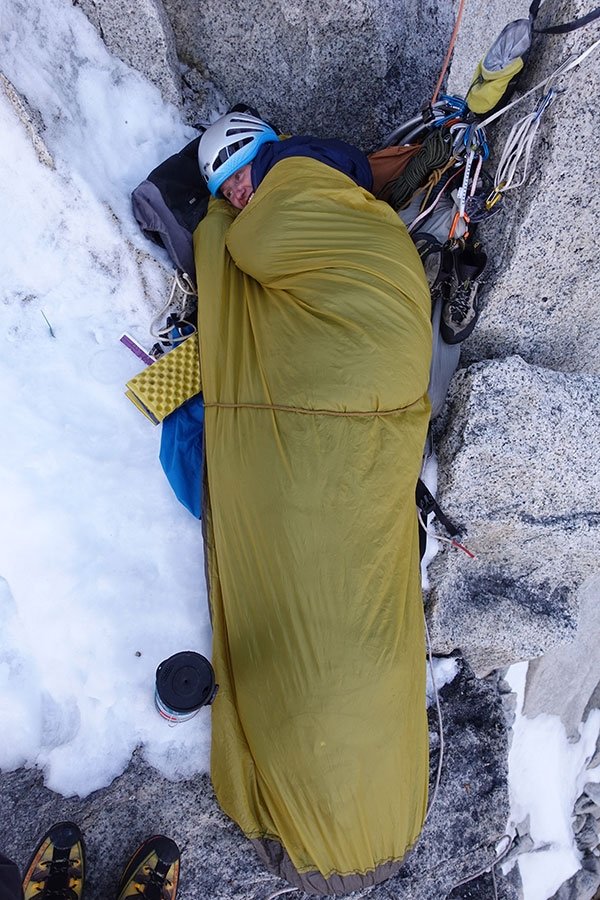 Brette Harrington in sleeping bag in Patagonia