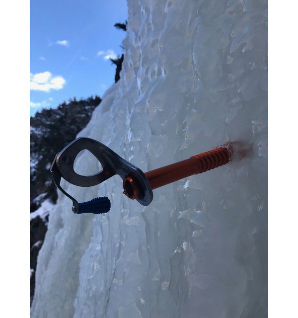 Ice screw placed at an upward angle