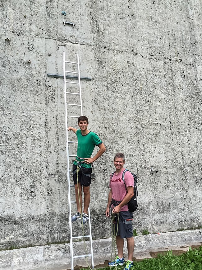 Kyle and Shane Murdoch unlock the ladder to start climbing the Diga di Luzzone