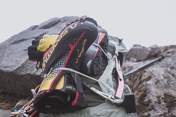 La Sportiva boots attached to backpack 