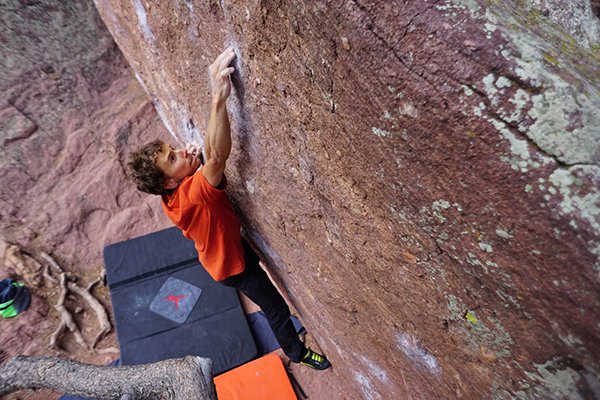 Jonathan Siegrist climbs in the new La Sportiva Miura XX