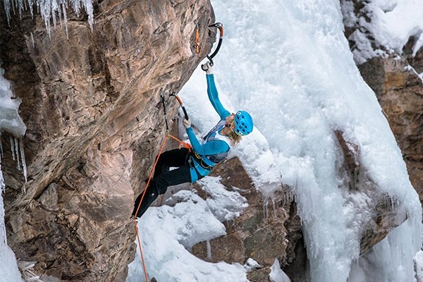 Anna Pfaff drytooling at the 2017 Ouray Ice Fest
