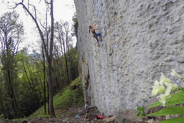 Paige Claassen climbing in Voralpsee, Switzerland