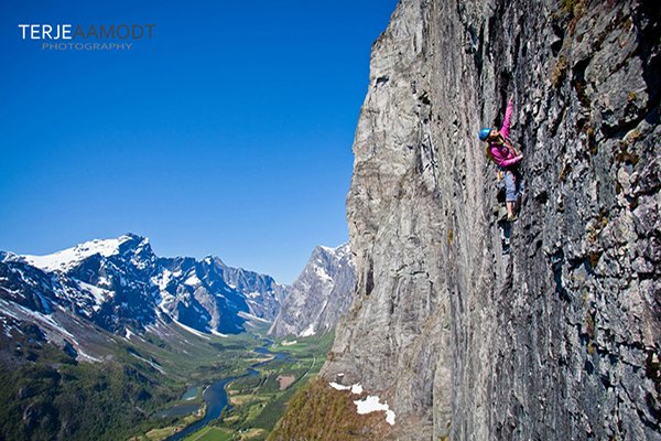 Rannveig Aamodt climbs up Europe's tallest vertical rock race, the Troll Wall in Romsdal, Norway
