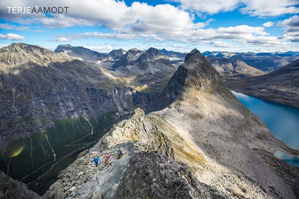 Rannveig Aamodt and friends descend off of Sore Trolltind on The Big Troll Pinnacle in Romsdal, Norway
