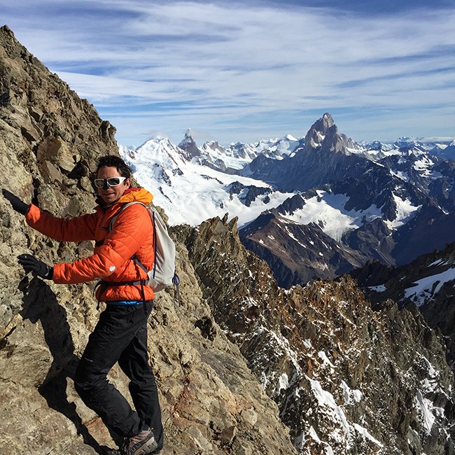 Colin Haley poses along the Torre Traverse in Patagonia during a speed attempt with Alex Honnold